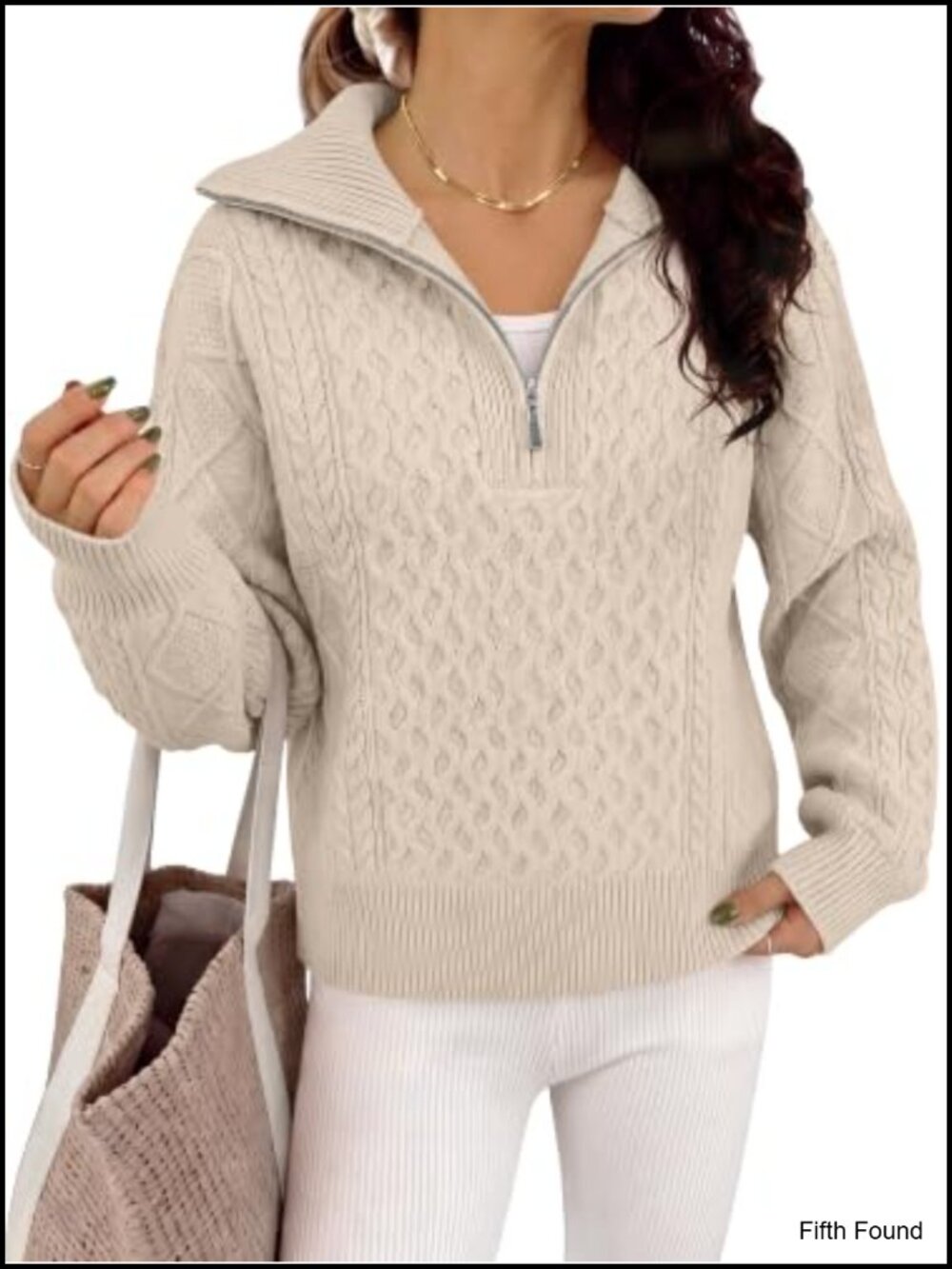 Women's Cable Knit Quarter Zip Collared Sweater Loose Fit Fall Pullover